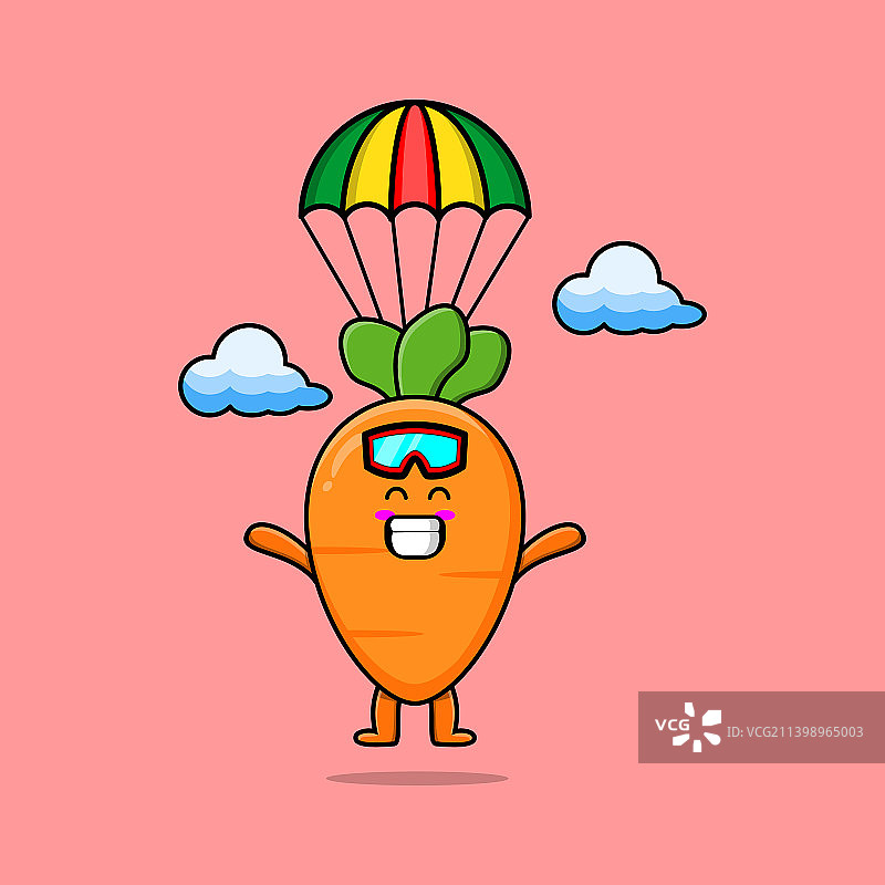 可爱的卡通胡萝卜带着降落伞跳伞图片素材