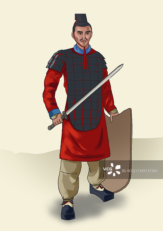 中国风古代战国秦国武士战士打仗盔甲甲胄人物插画图片素材