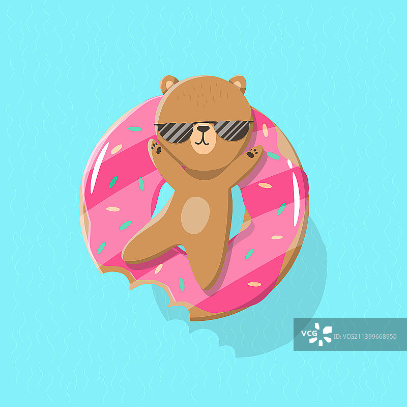 卡通熊在游泳池的游泳圈上甜甜圈图片素材