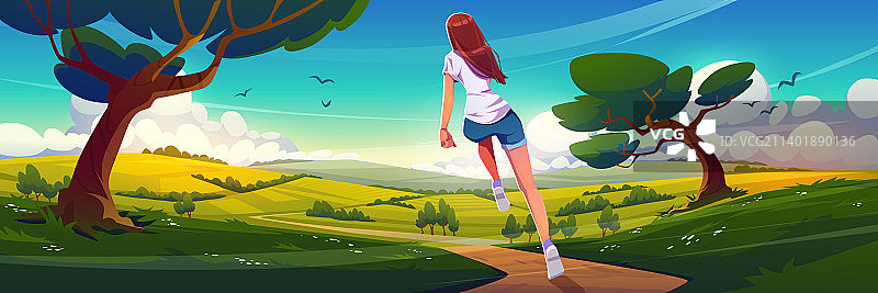 乡村景色，女孩在路上奔跑图片素材