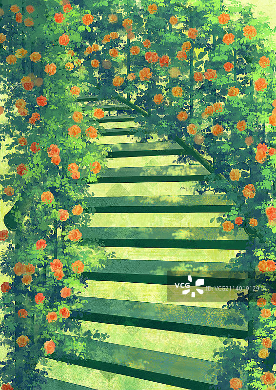 长满植物花朵无人的建筑楼梯图片素材