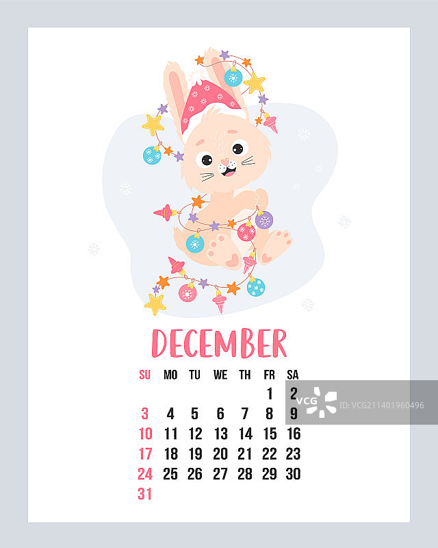 2023年12月日历可爱的兔子在圣诞老人的帽子图片素材