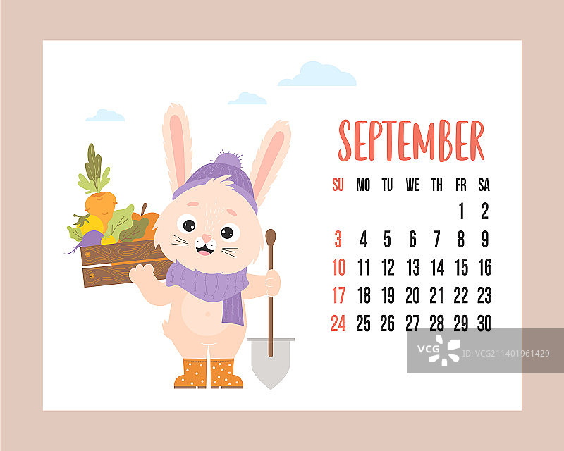 2023年9月日历可爱的兔子农民图片素材