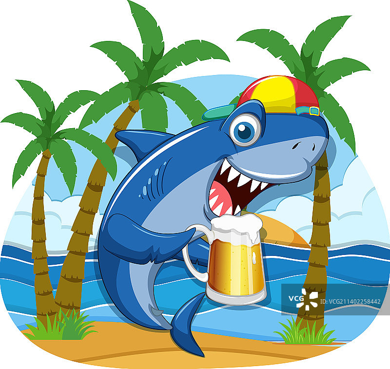 拿着啤酒杯的鲨鱼卡通人物图片素材