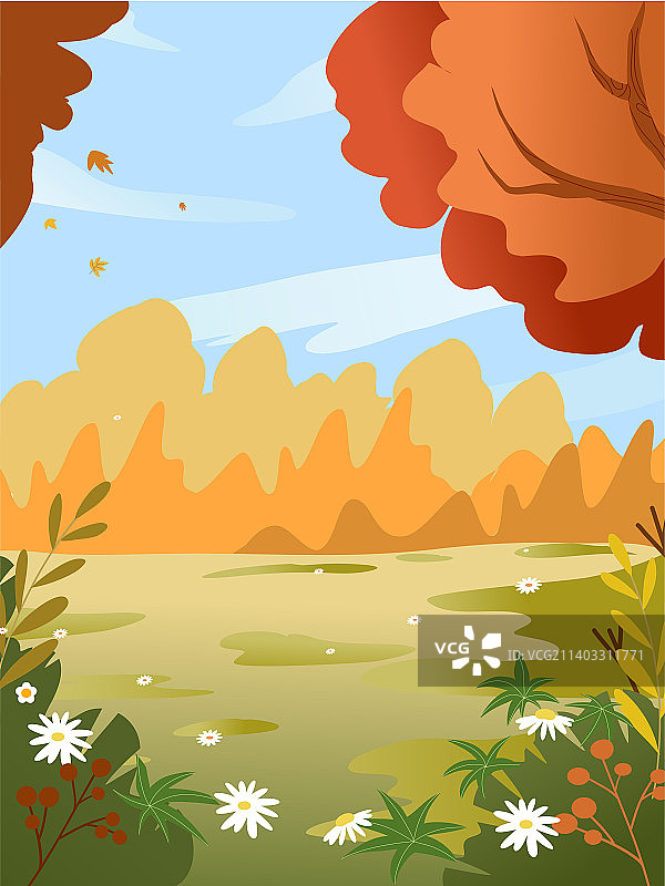 秋季户外风景矢量插画竖版图片素材