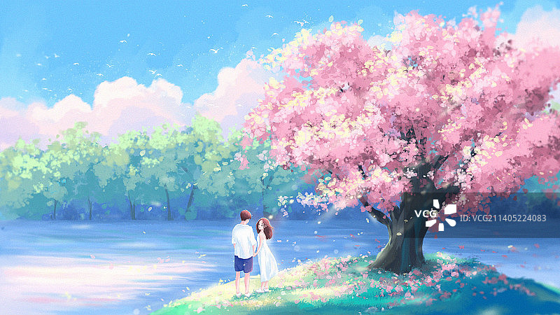 唯美情侣在樱花树下相望插画图片素材