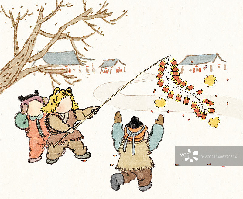 欢度新年孩子们放鞭炮庆祝卡通场景插画图片素材