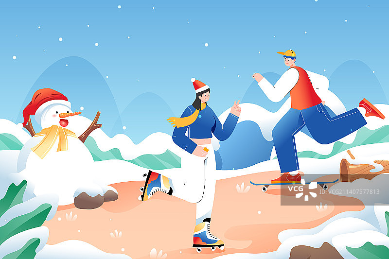 卡通冬季圣诞节圣诞老人礼物送礼儿童家庭亲子出游出行汽车滑雪运动情侣雪景圣诞树平安夜渐变矢量插画图片素材