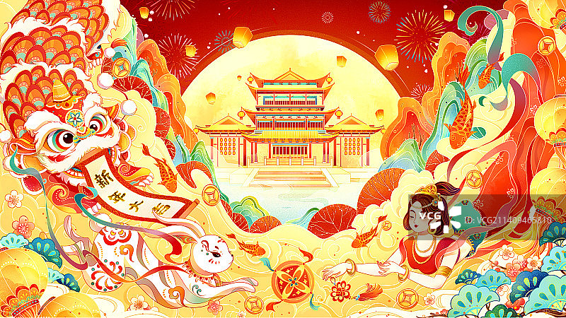 中国风红色喜庆新年创意插画图片素材