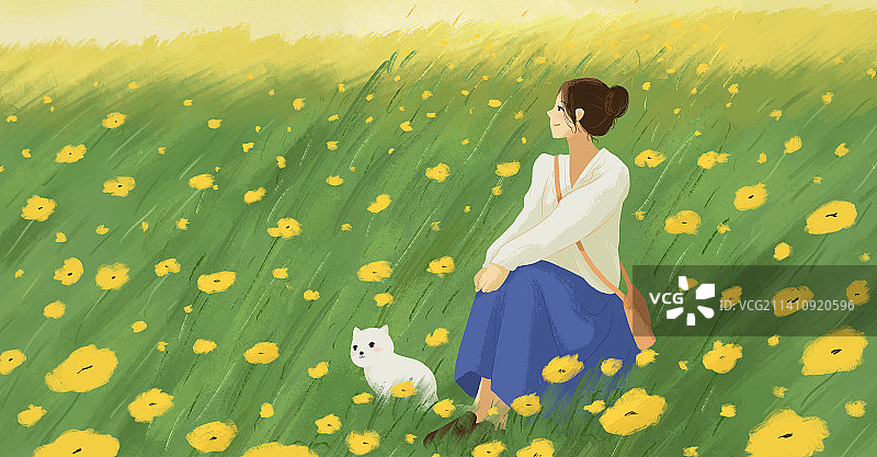 治愈系插画夏天的午后一个女孩坐在开满花朵的草地上图片素材