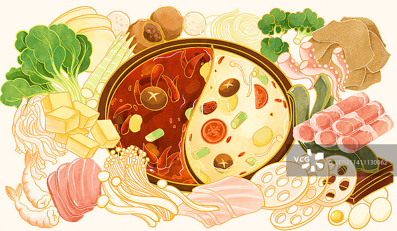 中国特色美食鸳鸯火锅食材插画图片素材