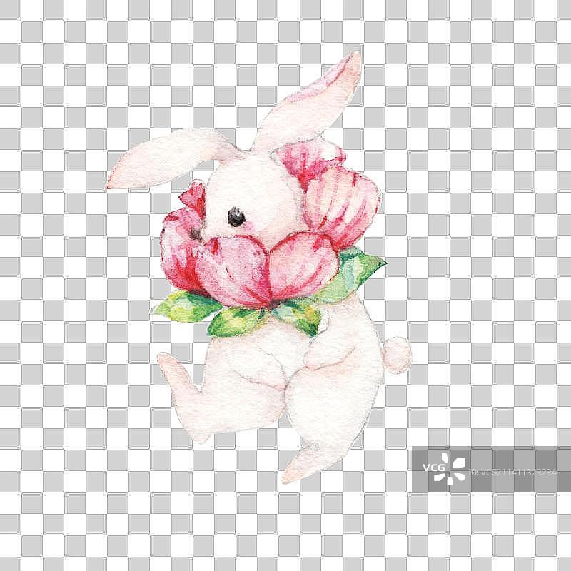 水彩手绘一个带花朵的小白兔图片素材