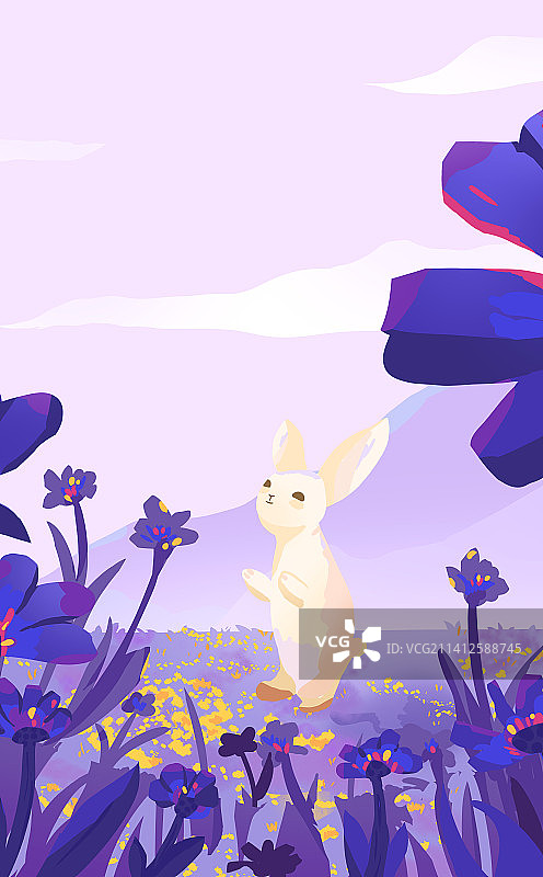 兔子在紫色花丛中仰望天空扁平插画图片素材
