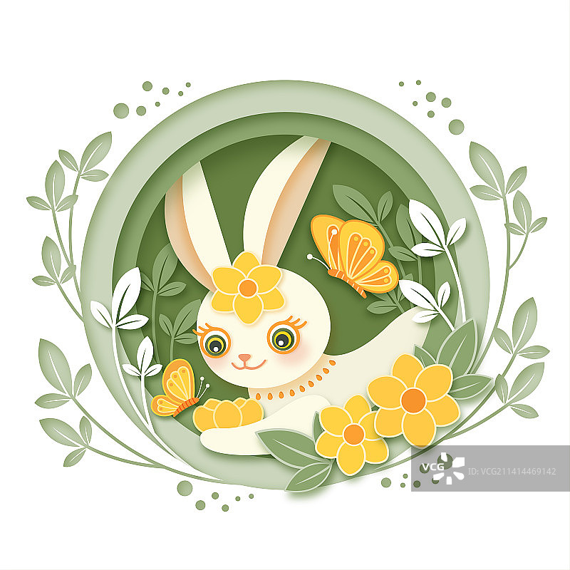 2月迎春花兔子剪纸风图片素材