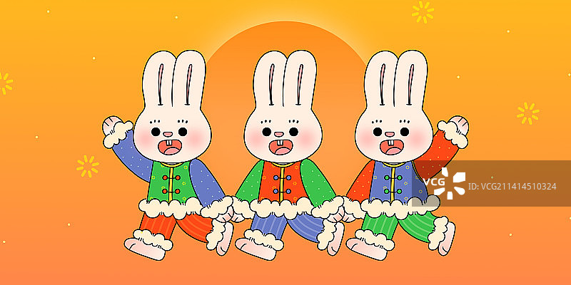 兔年春节可爱三个兔子手拉手图片素材