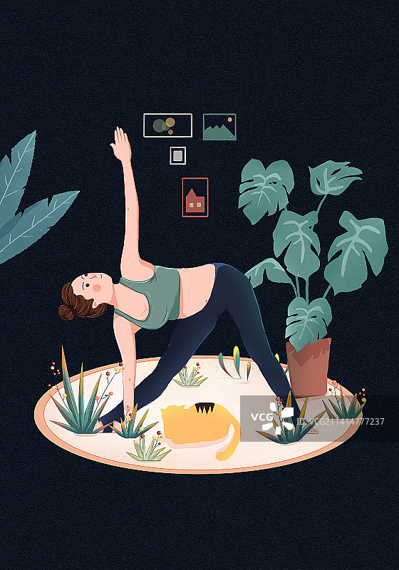 居家隔离插画系列 健身运动做瑜伽锻炼身体预防感冒图片素材