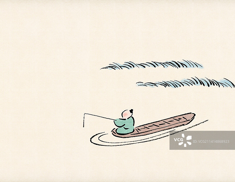 水墨中国写意画钓鱼的小舟风景插画图片素材