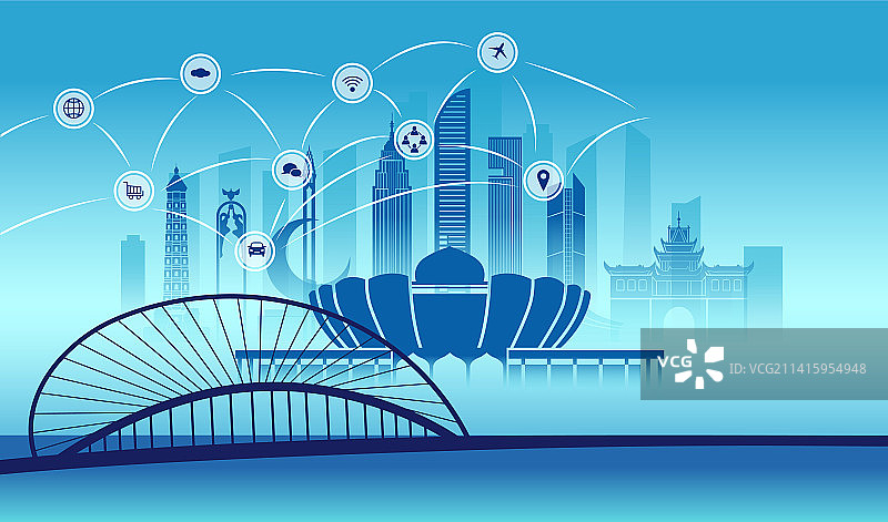 中国宁夏银川市城市数据5G网络插画蓝色图片素材