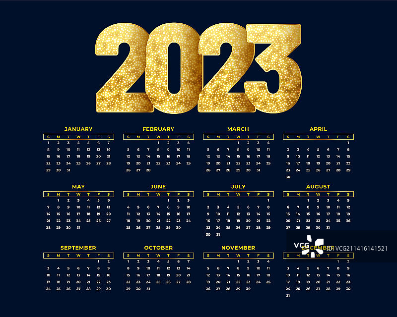 2023年新年日历用金色闪闪发光的文字图片素材