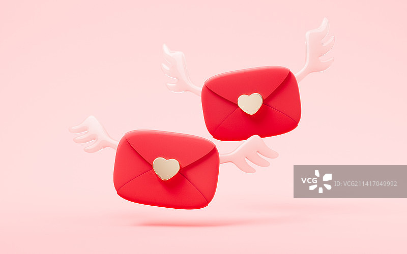 红色信封与爱心3D渲染图片素材