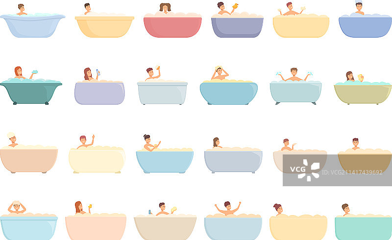 洗澡的婴儿图标设置卡通新生儿图片素材