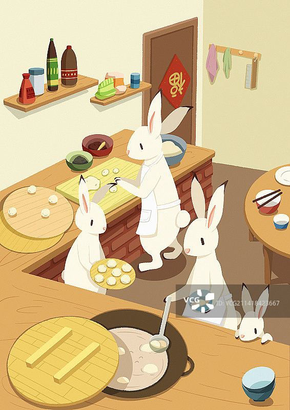 兔子做汤圆卡通插画图片素材