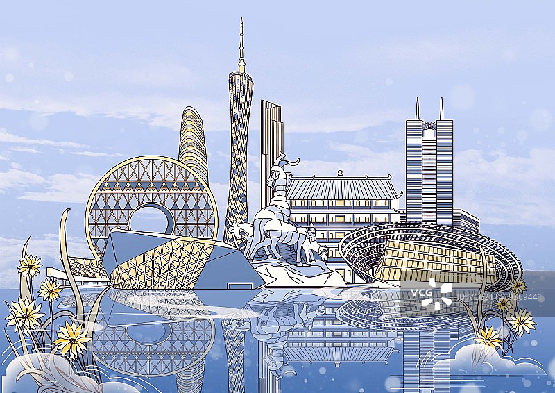 广州城市天际线地标建筑国风插画图片素材