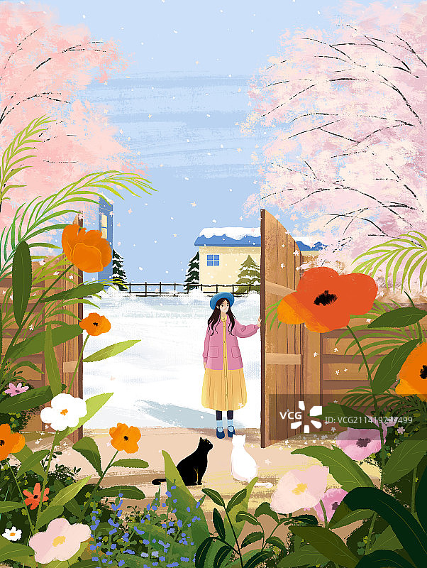 小清新插画一个女孩从冬季进入花开的春天图片素材