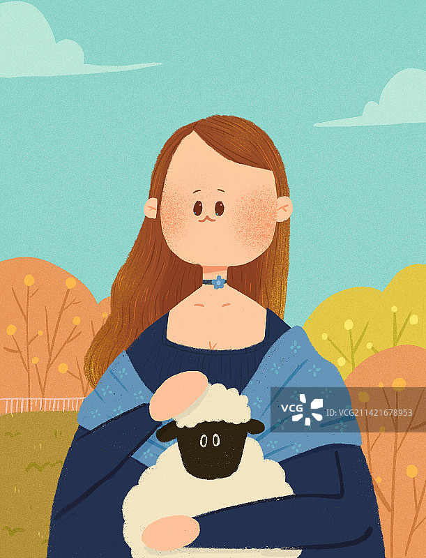 秋天的户外女人抱着小羊图片素材