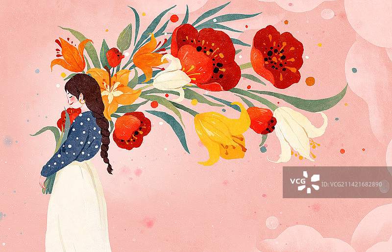 春天节气插画鲜花和女孩图片素材