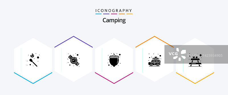 露营25个字形图标包，包括野餐图片素材