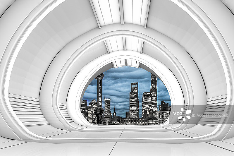 科技隧道空间远眺上海陆家嘴金融区图片素材