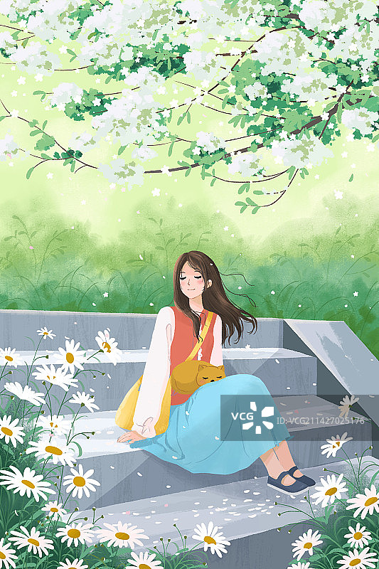 治愈系小清新插画一个女孩坐在开花的野外感受春天的气息图片素材
