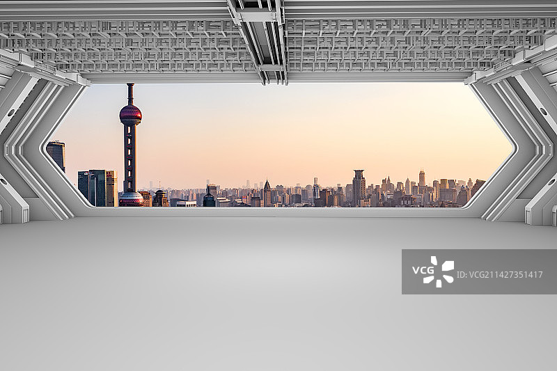 科技隧道空间远眺上海黄浦江两岸建筑风光图片素材