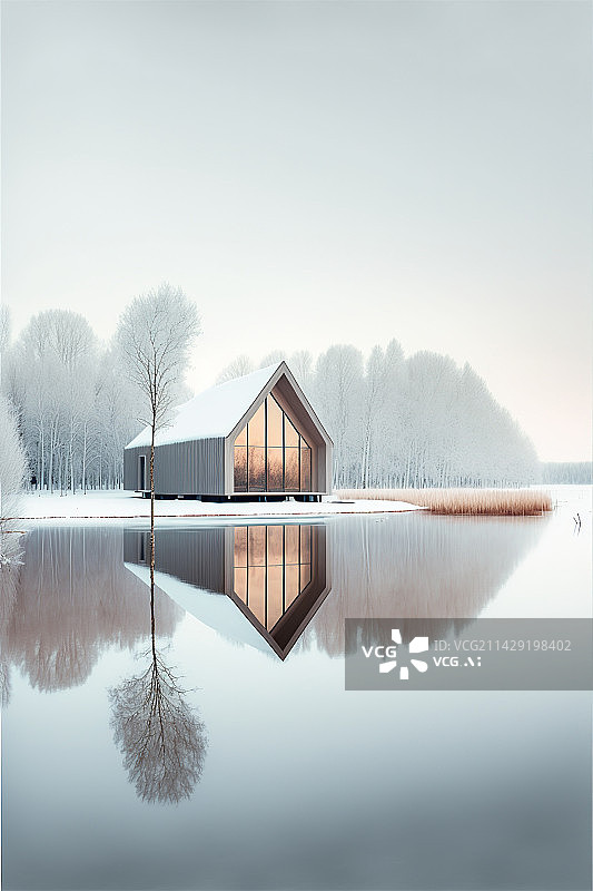 【AI数字艺术】冬天湖边的单体房子设计概念图图片素材