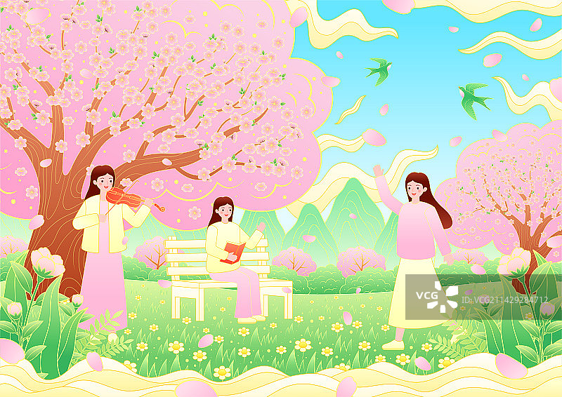 春天妇女节女孩踏青赏花矢量风景插画图片素材