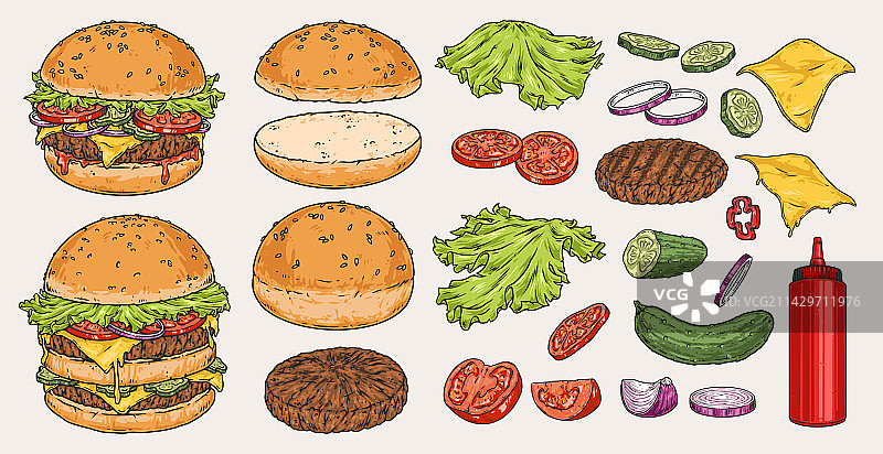 汉堡食材logo集色彩丰富图片素材