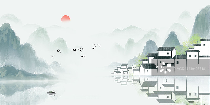 徽式建筑中国风山水墨画插画背景图片素材