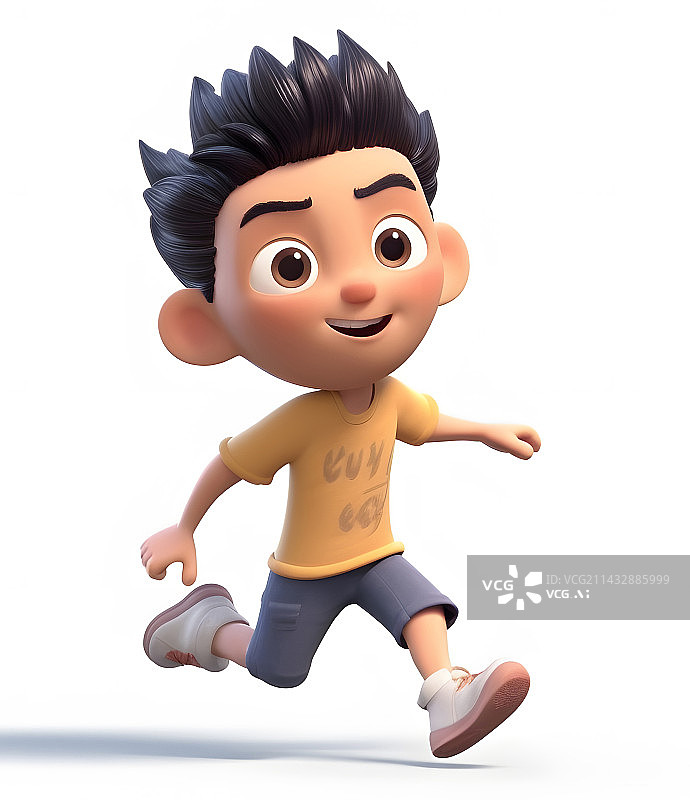 【AI数字艺术】3D可爱卡通人物男孩奔跑跑步姿势白色背景图片素材