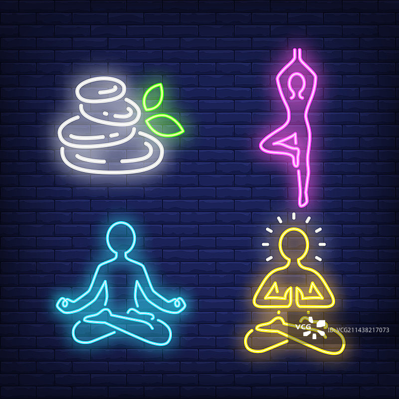 温泉石人冥想和做瑜伽霓虹灯图片素材