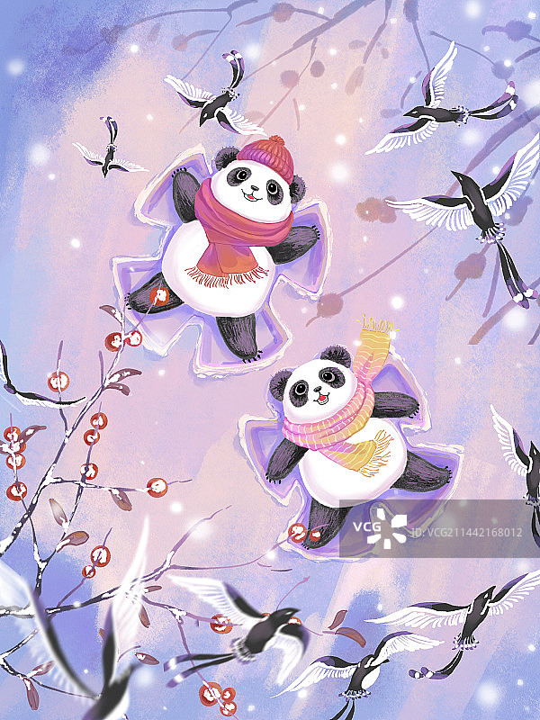 温暖的冬天可爱大熊猫在雪地里开心地玩耍图片素材