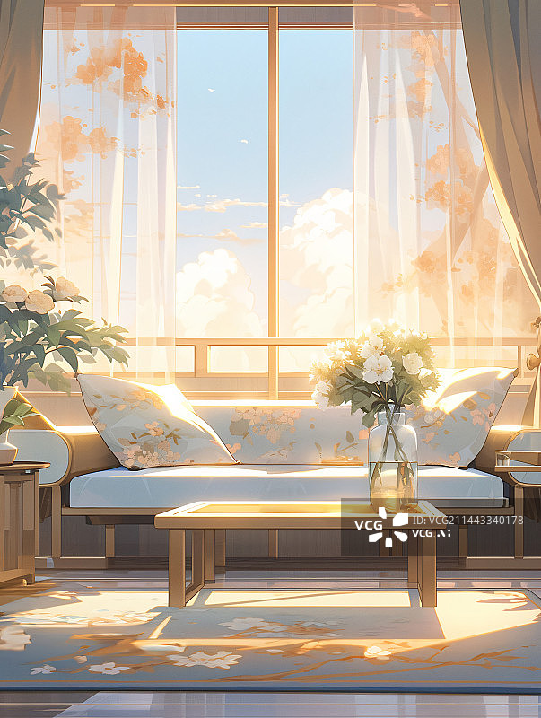 【AI数字艺术】午后阳光照进客厅和沙发动漫插画背景图片素材