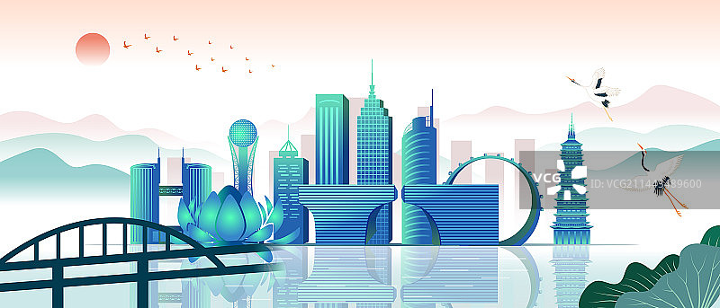 中国江苏常州市城市天际线国潮清新插画图片素材