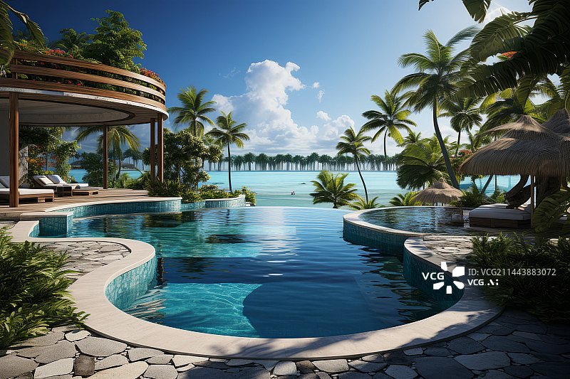 【AI数字艺术】海边度假酒店无边泳池图片素材