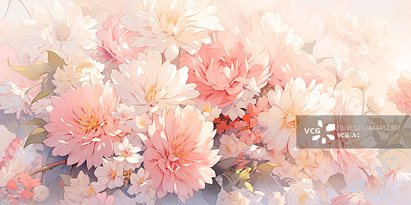 【AI数字艺术】盛开的粉色菊花唯美背景插画图片素材