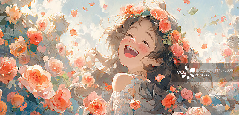 【AI数字艺术】玫瑰花海里笑容灿烂的女孩唯美插画图片素材