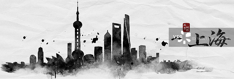 上海水墨地标建筑中国风城市背景图片素材