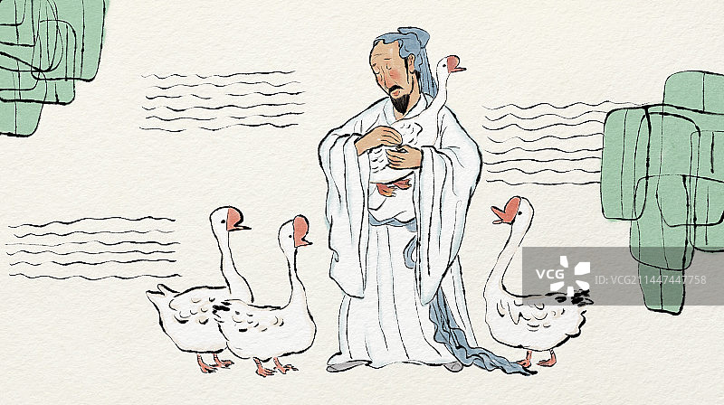怀抱大白鹅的古代著名书法家王羲之风景小品插画图片素材