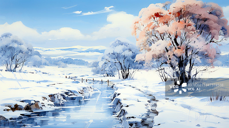 【AI数字艺术】水彩油画风格冬天河道田野背景插画配图图片素材