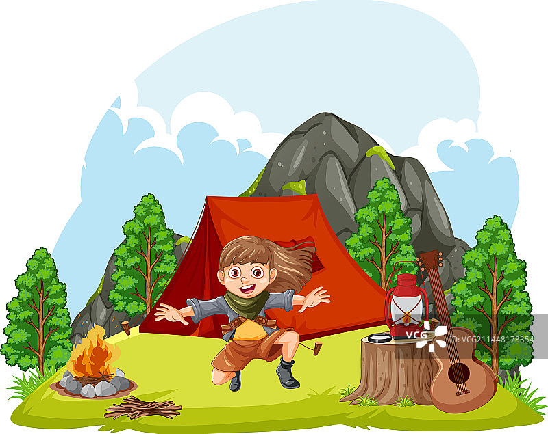 有女孩角色的帐篷露营场景图片素材